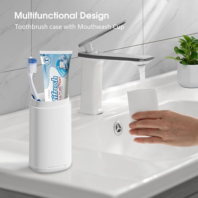 Travel Toothbrush Case - Portable Toothbrush Holder with Mouthwash Cup, Compact Large Capacity Toothpaste Organizer for Travel/Camping/School (White) - Image 2