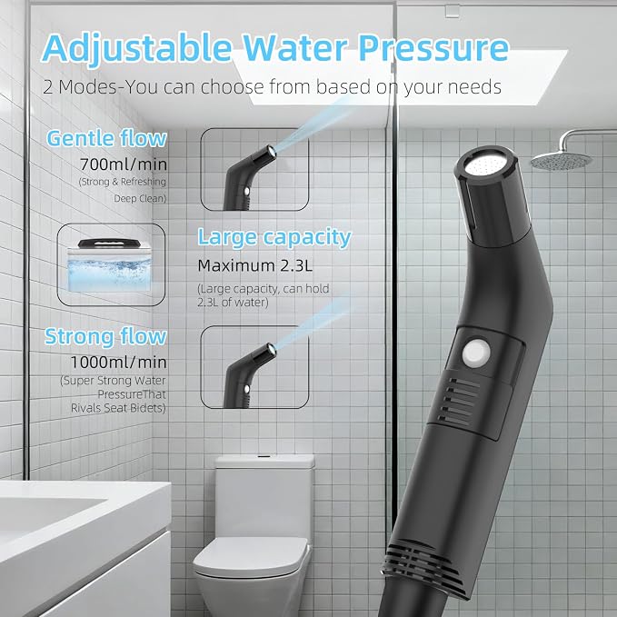 Portable Bidet for Travel with Soft and Strong Water Pressure Modes, USB-C Rechargeable Travel Bidet, Large 2.3L Water Tank for Home and Camping Use (Black) - Image 4