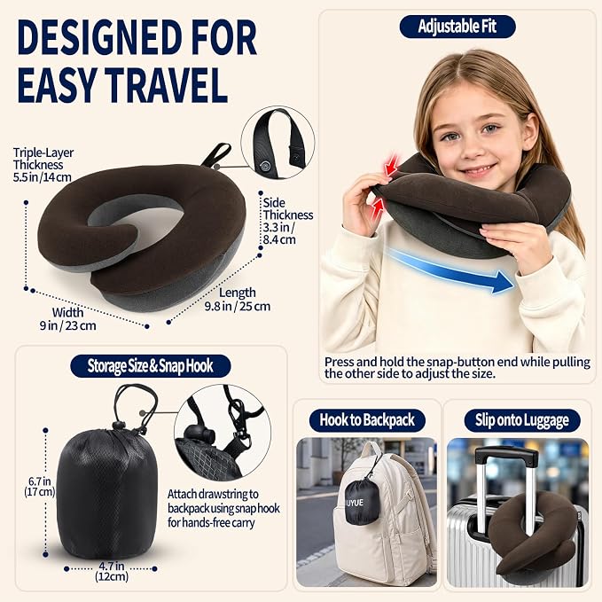 Kids Travel Pillows for Airplane, Memory Foam 360° Head Support Sleeping Essentials for Boys Long Flight, Skin-Friendly Soft Neck Pillow for Traveling in Car Seat, (Small, Brown Grey, 40-90 lbs) - Image 5