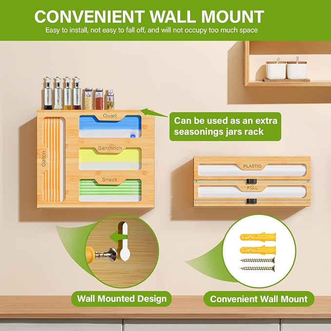 KOCWELL Bamboo Bag Storage Organizer - 2 Wrap Dispenser with Cutter & 4 Slots Food Storage Bags Container - Kitchen Drawer Plastic Bags Storage Organization for Gallon Quart Sandwich Snack Bags - Image 4