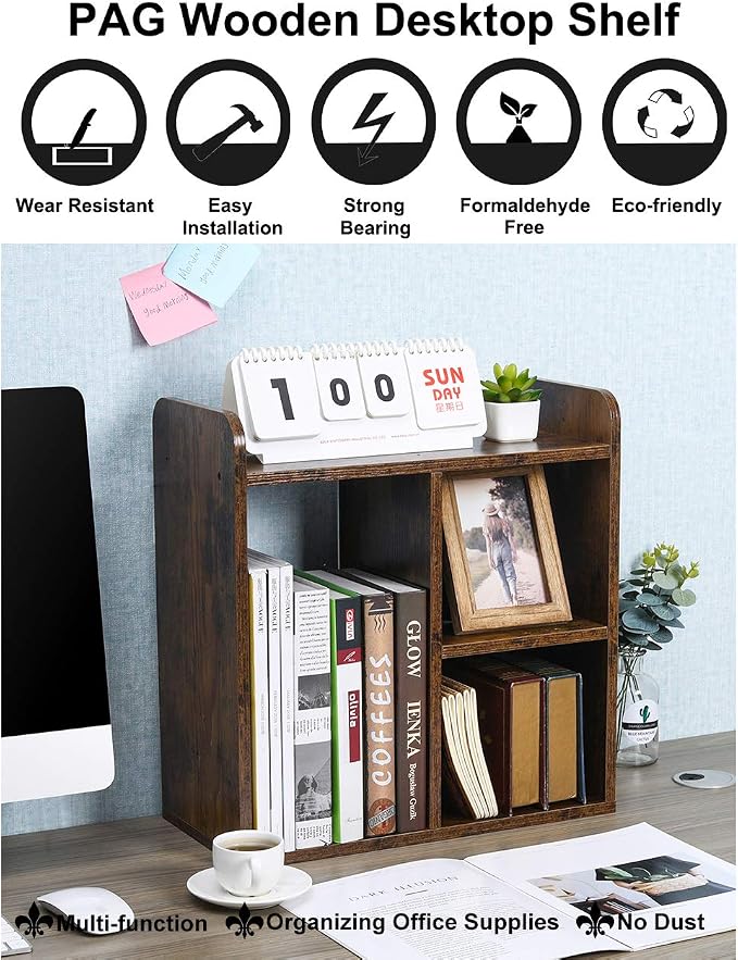 Desktop Shelf Freestanding Wood Small Bookshelf Desk Supplies Organizers and Accessories Storage Display Rack Office Decor for Women, Antique Brown - Image 6