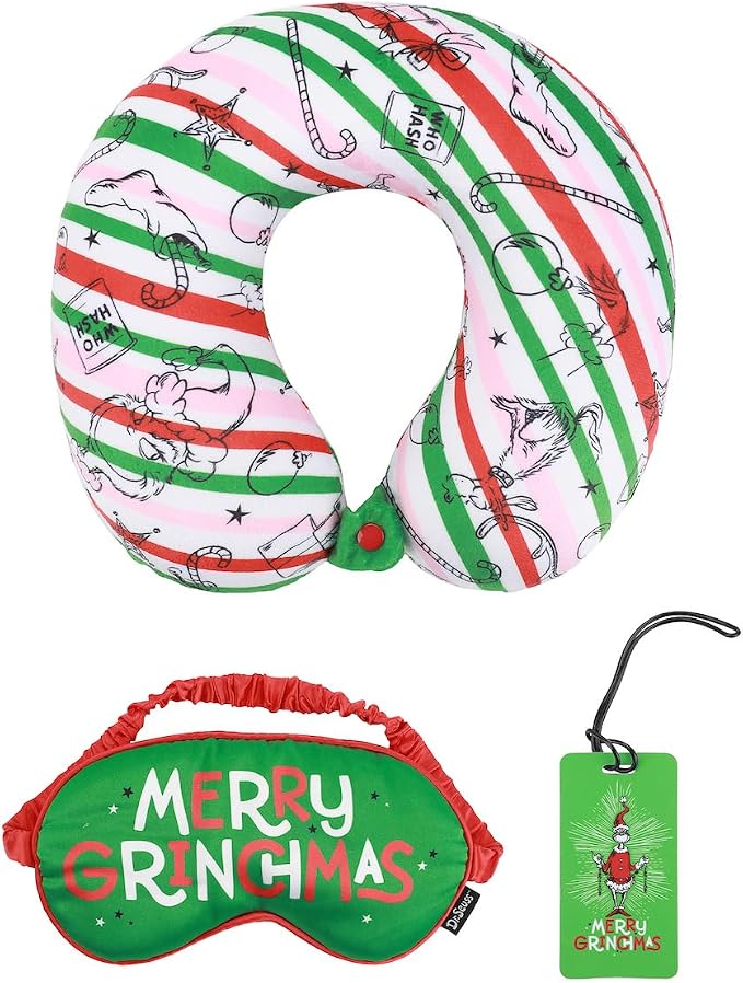 Bioworld The Grinch Merry Grinchmas 3-Piece Memory Foam Neck Pillow Eye Mask & Luggage Tag Set by Bioworld
