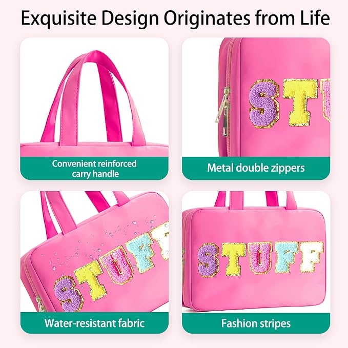 Toiletry Bag with Hanging Hook Chenille Letter Cosmetic Bag Spacious Travel Bag Water-resistant Makeup Bag for Store Toiletries Cosmetic Accessories and Sets for Women Rose Red - Image 2