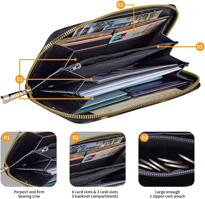 Wallet,Leather Long Wallet Suitable For Ladies And Teenagers - Detachable Wristband + RFID Travel Wallet With Card Slot - Vintage Sun Moon Stars - Image 3