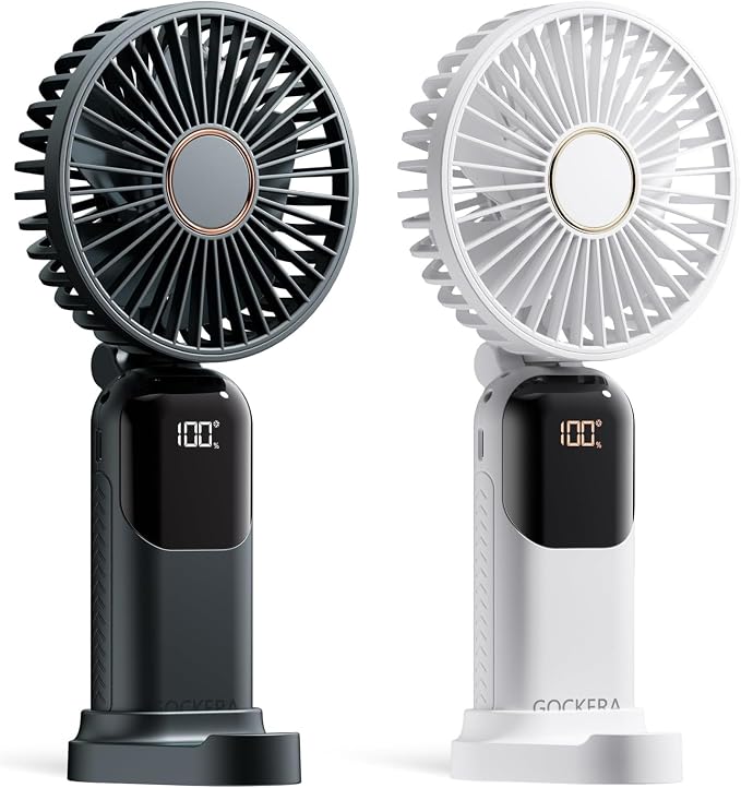 GOCKERA Portable Fan, 4200mAh Battery Operated Fan, 5 Speeds&Digital Display, Makeup Fans for Women with Base, 180°Foldable 3in1 Handheld/Neck/Desk Fan for Outdoor Indoor,Ultra Quiet (Black white) by GOCKERA