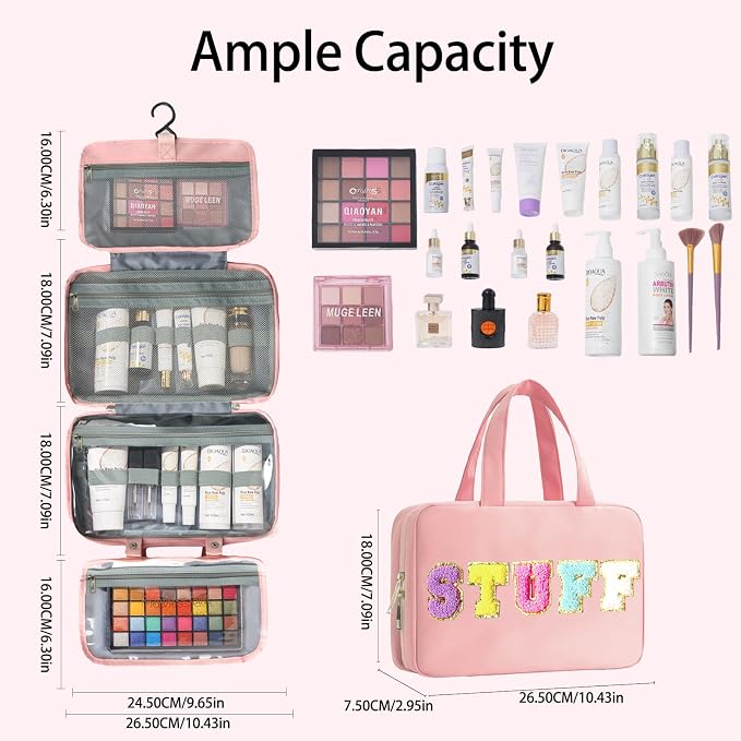 Toiletry Bag for Women Chenille Letter Makeup Bag Water-resistant Cosmetic Bag Travel Bag with Hanging Hook Preppy for Store Toiletries Cosmetic Accessories Medium Light Pink - Image 4
