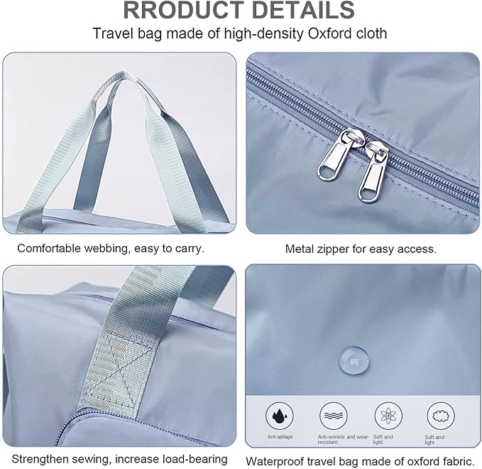 Large Capacity Folding Travel Bag, Lightweight Waterproof Luggage Bag, Expandable Travel Duffel Bag, Dry Wet Separated Gym Tote Bag, Weekender Overnight Bags for Women and Man (Blue) - Image 5