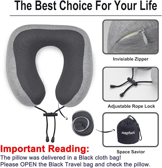 napfun Neck Pillow for Travel with Travel Pouch, Sleep Mask & Earplugs, Memory Foam Airplane Pillow for Headrest Sleep with Eyeshades, Plane Essentials with Eye Blindfold, Light Gray Kit - Image 5