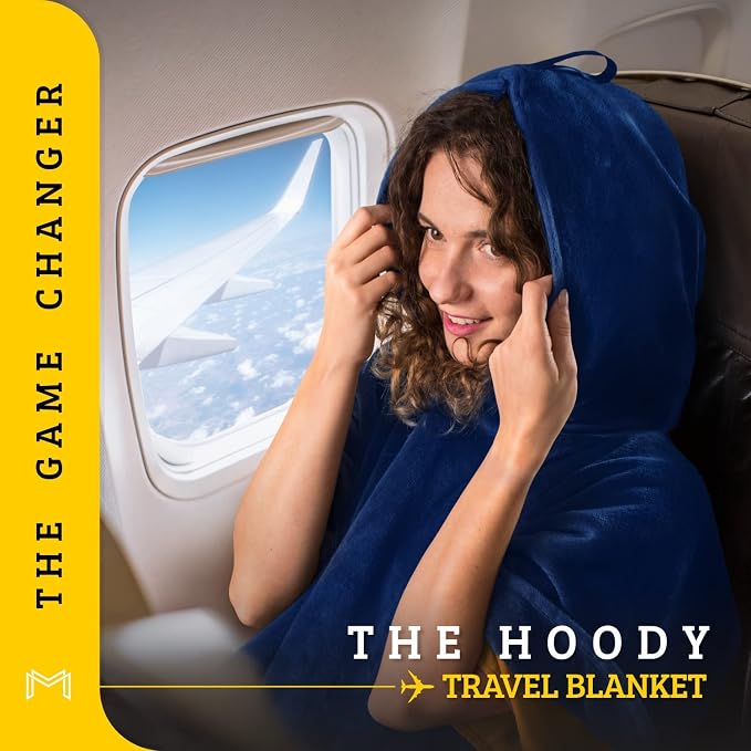 Travel Blanket Airplane Compact with Hoodie – 2in1 Airplane Travel Accessories from Plane Blanket to Travel Pillow with Luggage Strap, Soft Handle & Secure Pocket (Navy Blue, 62x41'') | 300 GSM fleece airplane blanket; attached hoodie doubles as its st... - Image 2
