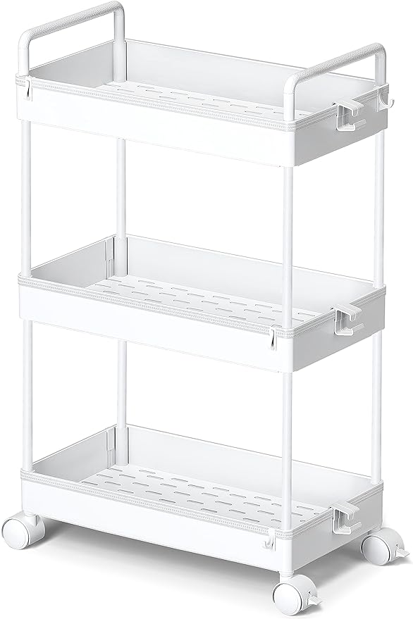 Ronlap 3 Tier Slim Rolling Storage Cart with Wheels Utility Organizer,White | For bathroom, laundry, kitchen, bedside & dorm. Fits art, craft, snack, makeup, nail, diaper & postpartum baby supplies by Ronlap