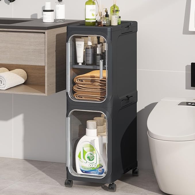 2 Tier Slim Bathroom Storage Cabinet, Foldable and Movable, Black | Tools Free, ABS and PET, Magnetic Clear Door, Adjustable Shelves, Lockable Wheels, Water Resistant, For Narrow Space by Neathub