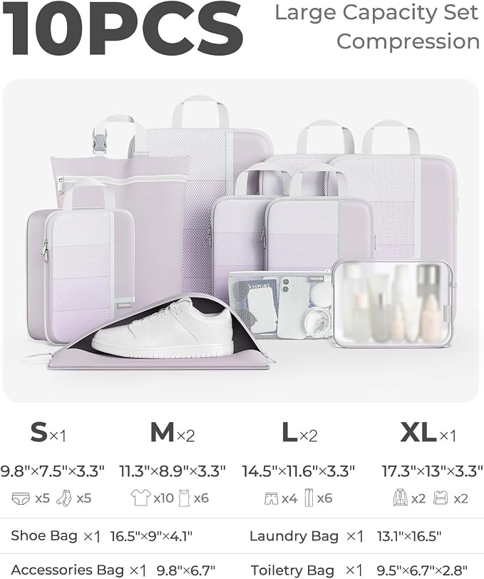 Percover Compression Packing Cubes for Travel, 10-Piece Structured Compression Organizer Set with Toiletry Bag, Laundry Bag & Shoe Bag for Carry-On & Checked Luggage, Purple - Image 2