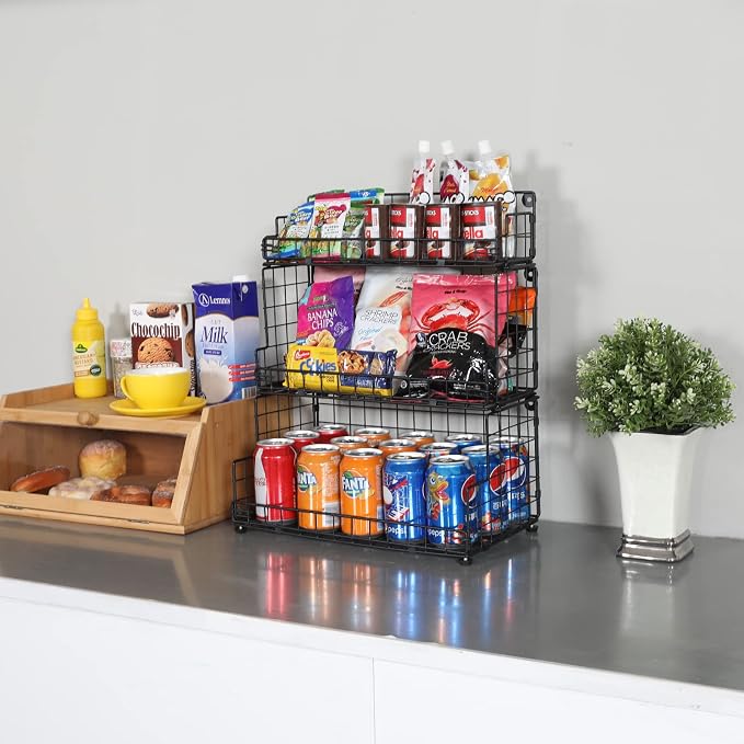X-cosrack Stackable Wire Basket 3 Tier Countertop& Wall Mounted Metal Storage Basket for Kitchen Pantry Cabinet, Muti-functional Open Front Bin Organizer for Food Fruit Snack, Black - Image 2