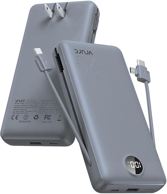 Portable Charger Power Bank 20000mAh,VRURC 22.5W Fast Charging Power Bank With Cables, 20K USB C Portable Charger With Wall Plug, Phone Battery With Cords For iPhone, Samsung, Android Phones, etc-Grey by Home