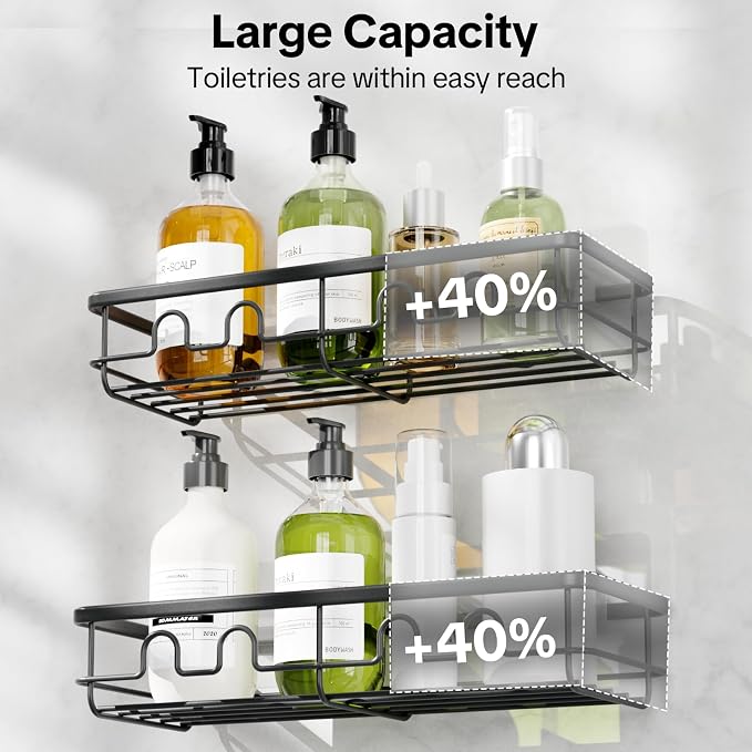 Adhesive Shower Caddy, Large Capacity Shower Racks for Inside Shower, No Drill Bathroom Shower Organizer and Storage, 4 Pack Black Bathroom Shelves, Home Decor Rv Accessories, Apartment - Image 2