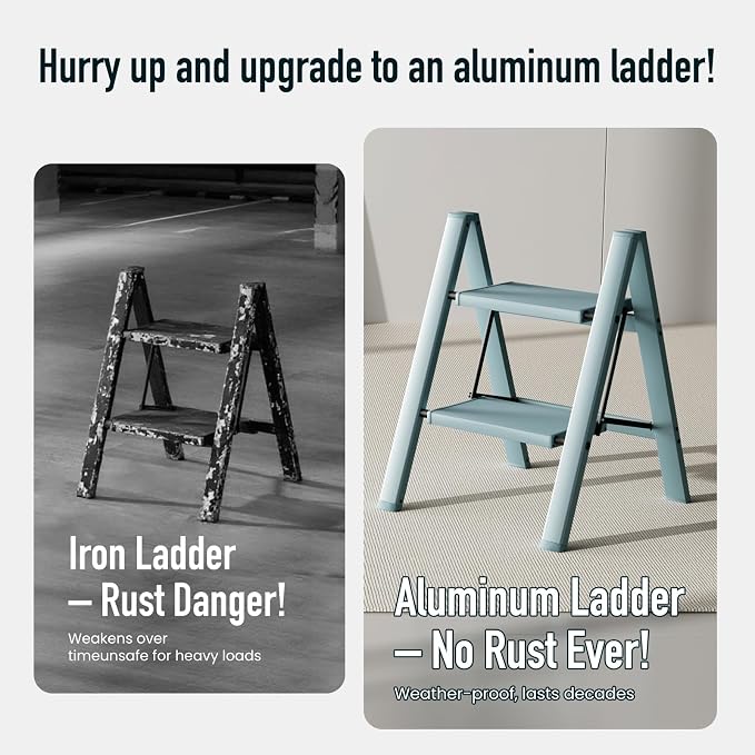 Mayi Plus 2 Step Stool Foldable, Aluminum, Lightweight Step Ladder | Extra-wide anti-slip folding steps with 330 lbs, for home,kitchen,office,outdoor,Blue - Image 3