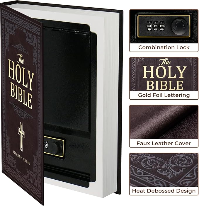 Book Safe with Combination Lock, Hidden Safe (10.9 x 7.7 x 1.8 Inch) with Fireproof Bag, Secret Diversion Safe, Hollow Book Box Hidden Storage, Money Safe Box for Cash (Bible) - Image 2