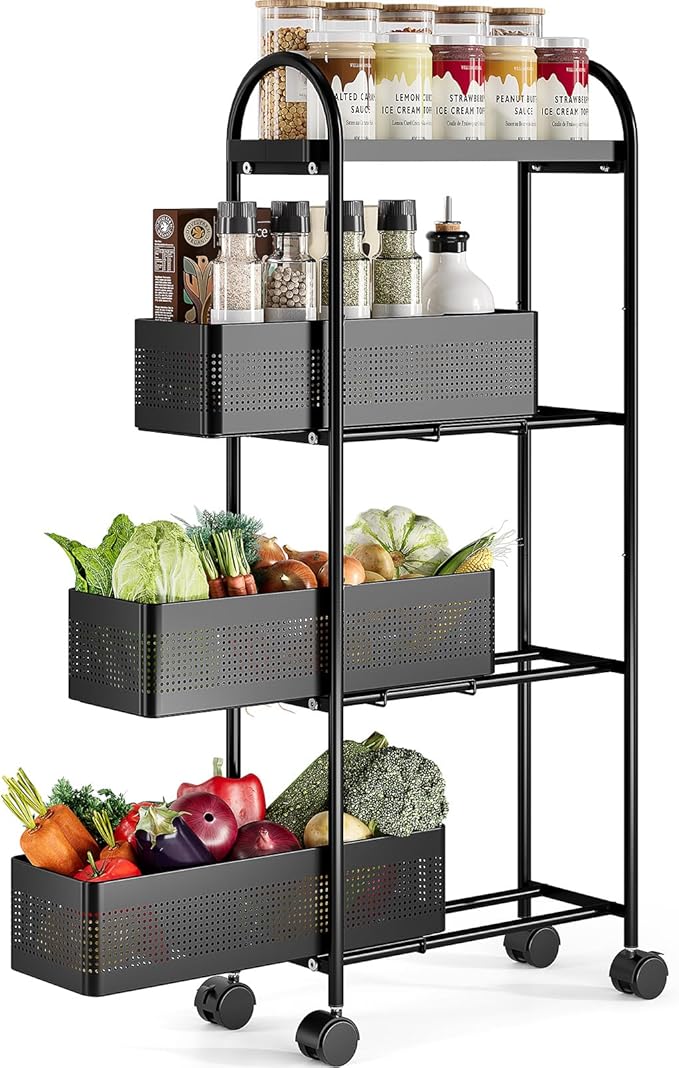 KINGRACK 4 Tier Slim Rolling Cart with Drawer, Metal Utility Storage Cart | 3 Pull-out Baskets, Lockable Wheels, Narrow Space Trolley Organizer for Bathroom, Kitchen, Office, Dorm, Laundry Room, Black by KINGRACK