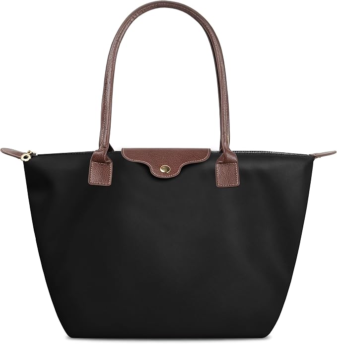 Nylon Tote Bag for Women, Lightweight Foldable Shoulder Tote with Zipper, Large Work Travel Bag for Everyday Use by ALUWU