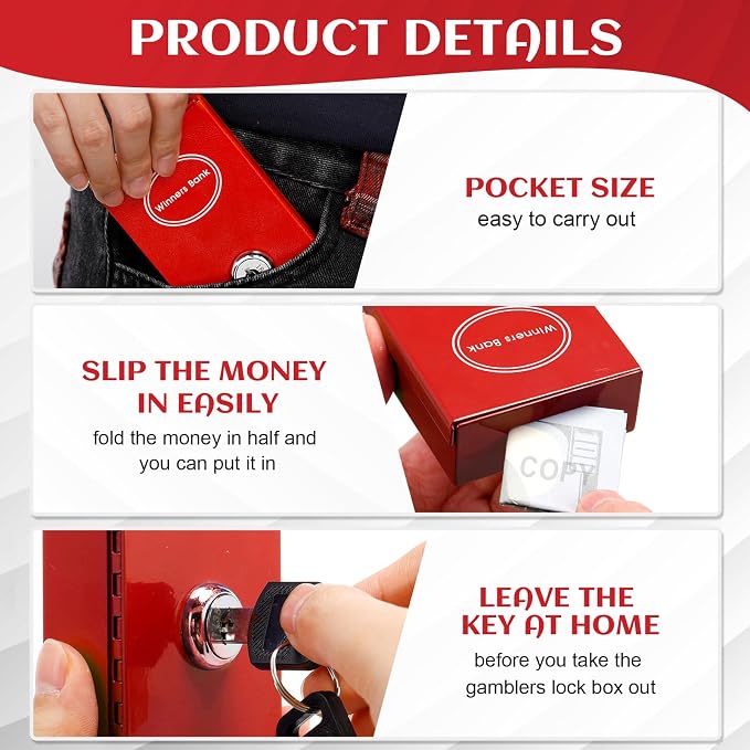 Reallnaive 1 Pack Metal Box for Gamblers Pocket Sized Winner Bank Casino Cash Box with 2 Keys Portable Casino Money Safe strongbox for Cash Saving Go Home Money Gifts(Red,Classic) - Image 3