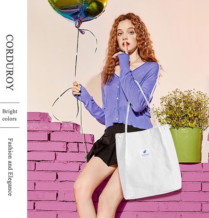 LHMTQVK Corduroy Tote Bags for Women, Large Capacity Tote Purse Reusable Grocery Shoulder Bag with Inner Pockets - Image 4