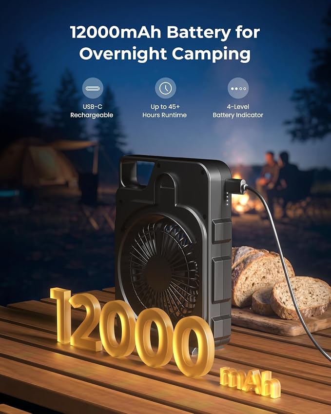 12000mAh Rechargeable Portable Fan, Up to 45H Runtime, Battery Powered Fan with LED Light & Hook, 3 Speeds & 3CCT, Camping Fan for Travel, Camping, Tent, Office, Bedroom - Image 3