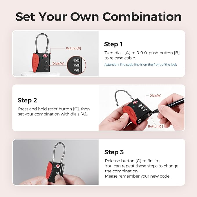 pack all TSA Approved Travel Luggage Locks, Resettable 3-Digit Code | Open Alert Indicator, Flexible Steel Cable, Zinc Alloy Body, Clear Number Dials, For Suitcase, Toolbox, Backpack, 1 Pack - Image 9