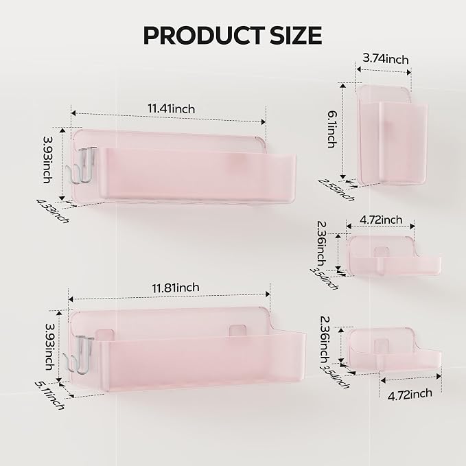 Nieifi Adhesive Shower Shelves, Pink, 5 Pieces | Rustproof ABS, Large Capacity, Removable Design, Easy-Clean, No Drilling Shower Organizer for Bathroom Storage & Home Decor - Image 2