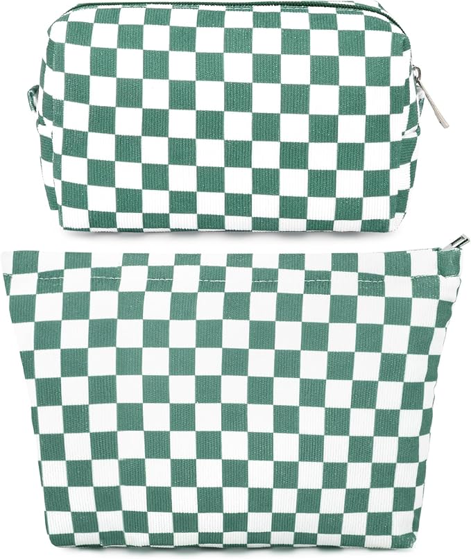 SOIDRAM 2 Pcs Checkered Makeup Bag Large Cosmetic Bag Toiletry Bag Makeup Pouch Travel Bag Organizer Cute Makeup Brushes Aesthetic Accessories Storage Bag for Women Olive Green by SOIDRAM
