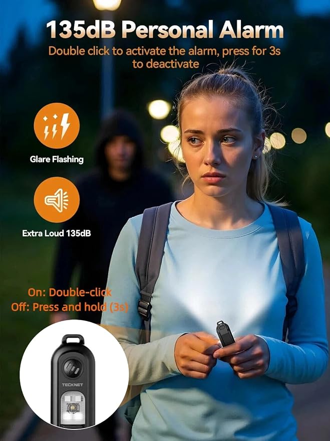 TECKNET Personal Safety Alarm 135dB with SOS Strobe Light for Women - Rechargeable& IPX4 Waterproof Running Lights with Clip On Torch & Low Battery Notice, Safety Siren for Travel Kids, Black - Image 2