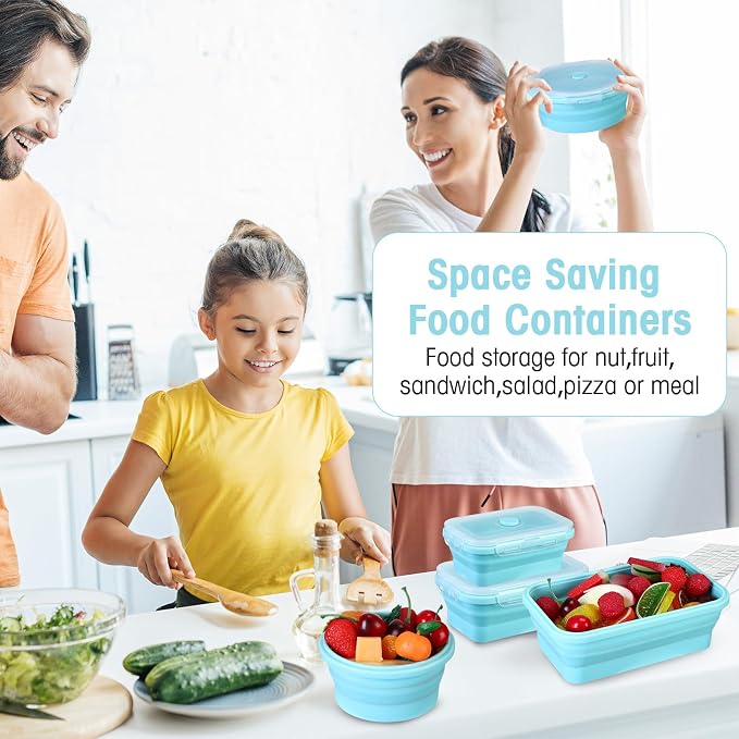 Yaomiao 16 Pack Collapsible Food Storage Container with Lid,Blue | Silicone Bowls with Air Vent, Foldable Rectangle Round Bowl ,For Rv Camping Meal Prep Organizing, Microwave Freezer Safe - Image 6