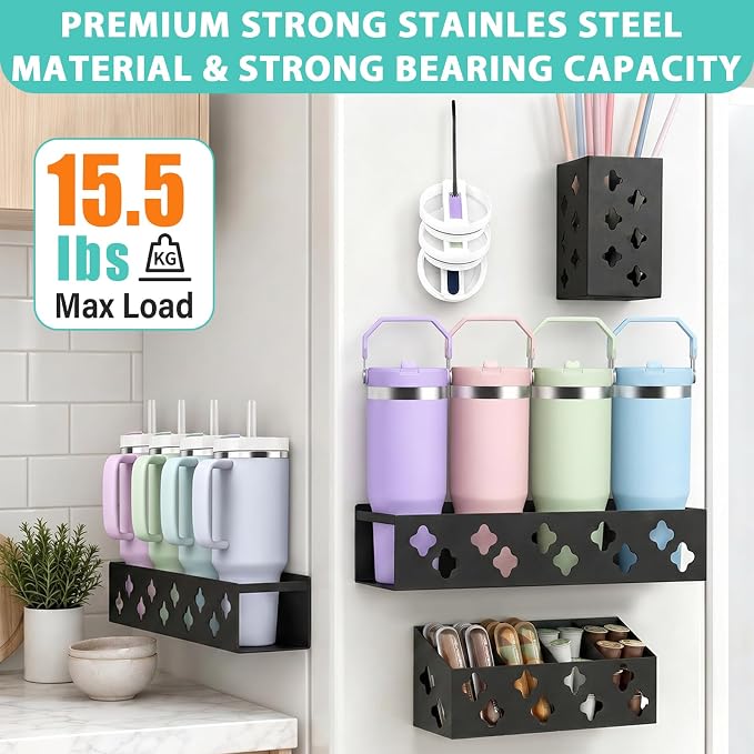 Magnetic Water Bottle Organizer for Fridge, Magnetic Cup Holder for 30 40 Oz with Tumbler Lid & Straw Organizer & Caffee Bar Holder, 8 Tumblers Kitchen Storage Rack for Cup Accessories, Space-Saving - Image 5