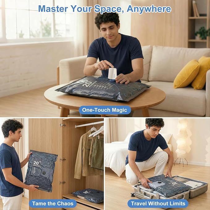 12 Pack Vacuum Bags for Travel with Pump for Clothing and Luggage | Rechargeable USB-C Pump, 3 Sizes, Space Saver Compression Bags for Suitcase, Carry-on, Flight and Closet Storage - Image 3