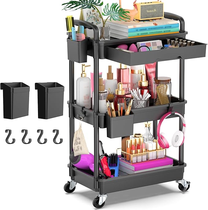 Goovilla 3 Tier Rolling Utility Cart Organizer with Removable Drawer, Black | Stable and Sturdy Rolling Storage Carts with 2 Lockable Wheels for Bathroom, Kitchen, Snack, Craft, Makeup, Baby Essentials by Goovilla