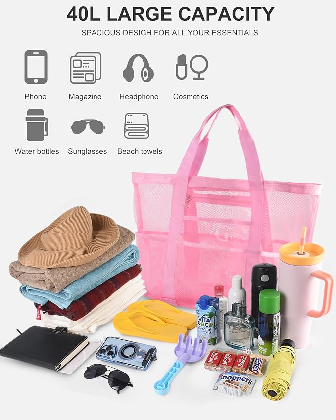 Genteen 40L Mesh Beach Bag, Foldable Sandproof Tote with Waterproof Pocket Quick Dry for Women Family Pool Vacation - Image 6