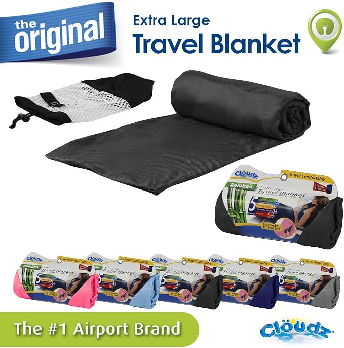 Extra Large Airplane Travel Blanket for Your Flight, Car, Camping, Home or Comforting Warmth Anywhere! Includes Warm Cozy Pockets for Your Feet and a Travel Bag - Black - Image 2