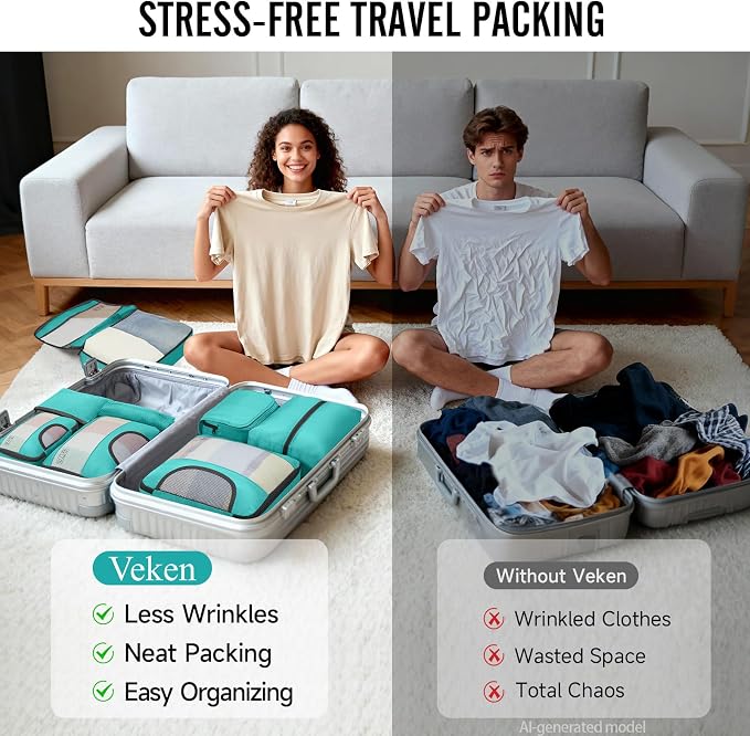 Veken 10 Set Packing Cubes for Travel Essentials, Suitcase Organizer Bags in 4 Sizes, Carry-On Luggage Accessories with Laundry Bag, Airplane Must Have with 99-Count Mesh Holes - Image 7