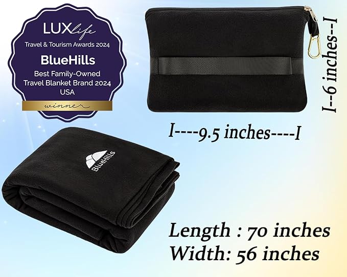 BlueHills Premium Soft Lightweight Travel Blanket Pillow 2 in 1 - Black | 2 in 1 Compact Travel Pillow, 70 X 56 Inches Long, Portable & Lightweight, Long Flight Comfort, Traveling Essential Accessory - Image 5