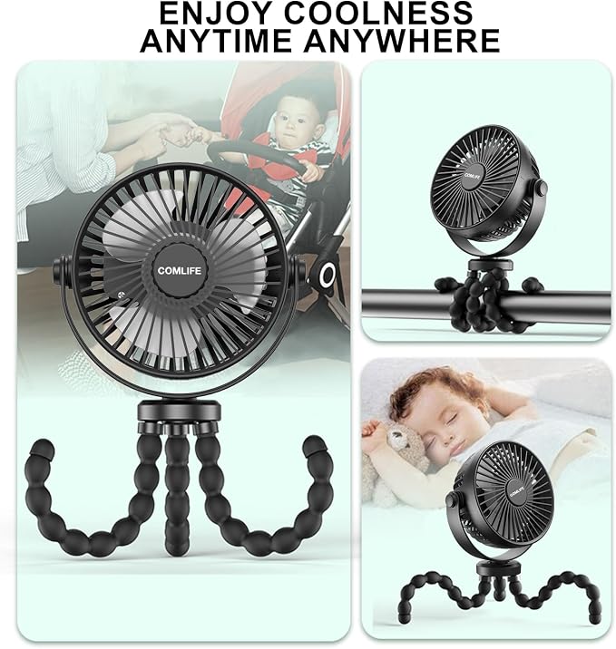 COMLIFE Baby Stroller Fan, Rechargeable Battery Operated, Max 10Hrs Cooling, 3 Speeds, 360° Rotate USB Desk Fan, Flexible Tripod Clip On Fan for Stroller Car Seat Crib Treadmill Golf Cart - Image 3