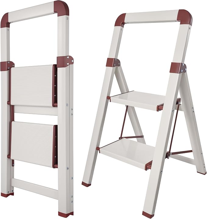 Step Ladder 2-Step White Finish Aluminum Iron Folding Ladders | Anti-slip Sturdy Foldable Ladder Step Stool for Kitchen Home Office Libaray by BIBKOKE
