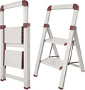 Step Ladder 2-Step White Finish Aluminum Iron Folding Ladders | Anti-slip Sturdy Foldable Ladder Step Stool for Kitchen Home Office Libaray by BIBKOKE