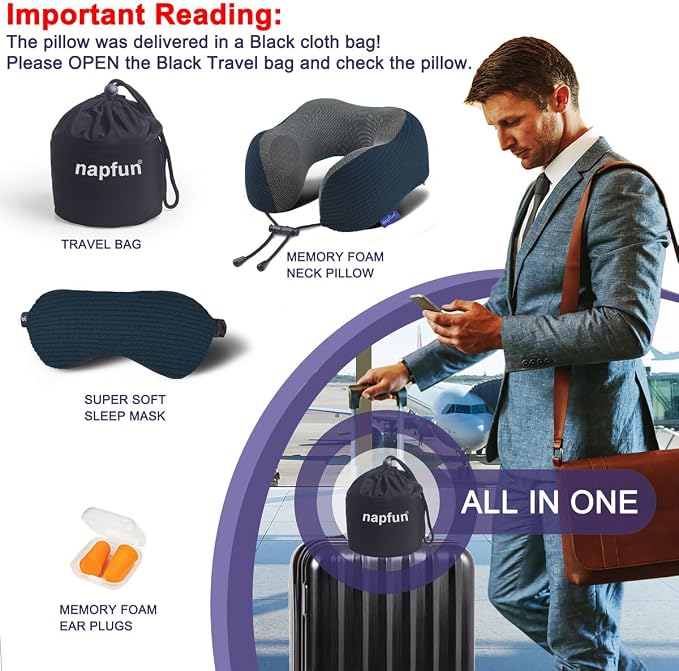 napfun Neck Pillow for Travel with Travel Pouch, Sleep Mask & Earplugs, Memory Foam Airplane Pillow for Headrest Sleep with Eyeshades, Plane Essentials with Eye Blindfold, Black Striped Kit - Image 6