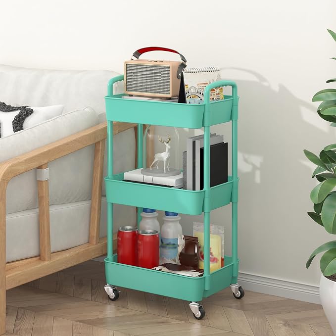 Sywhitta 3-Tier Plastic Rolling Utility Cart with Wheels for Storage, Green | Multi-Functional Storage Trolley, for Office, Living Room, Kitchen, Bathroom,Movable Organizer,Space-Saving,Easy to assemble - Image 5