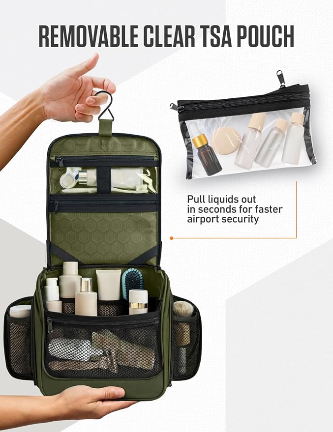 VENTURE 4TH Hanging Travel Toiletry Bag, 18 Compartments - Forest Green | Hangs on rails, hooks or doors; stands upright. Removable TSA pouch. Water-resistant Nylon 290D Twill, reinforced stitching. - Image 9