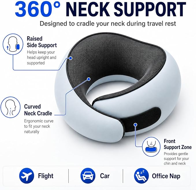 Travel Neck Pillow for Airplanes, Pure Memory Foam Neck Pillow with Washable Cover and Storage Bag, Ergonomic 360° Support for Sleeping, Car, Office, Home, Black - Image 2