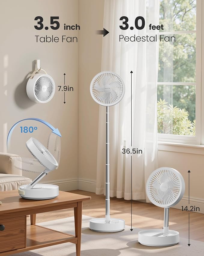 Gaiatop Portable Pedestal Fan 16000mAh Battery [Max 74h Runtime], Foldable Oscillating Standing Fan, Collapsible Desk Fans, LED Light, Case & Remote Control 4 Speeds for Outdoor Travel Camping (White) - Image 7