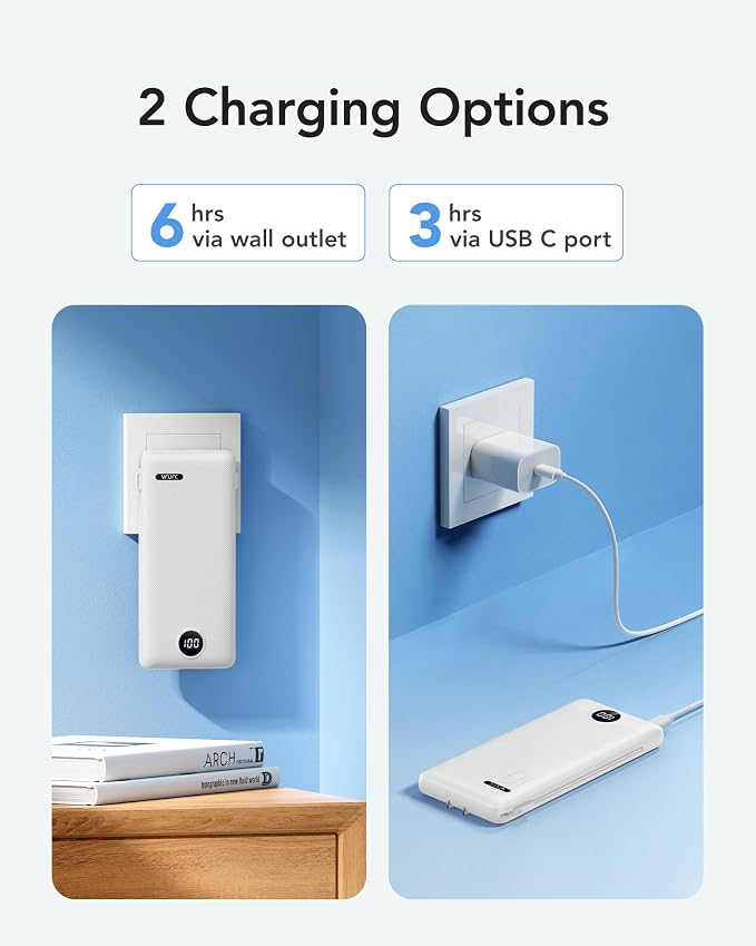 VRURC 10000mAh Portable Phone Charger, Built-in AC Plug & Cables, White | 22.5W fast charging, LED display, built-in Micro/USB-C/Phone cables, airline approved travel accessory,8 oz - Image 5