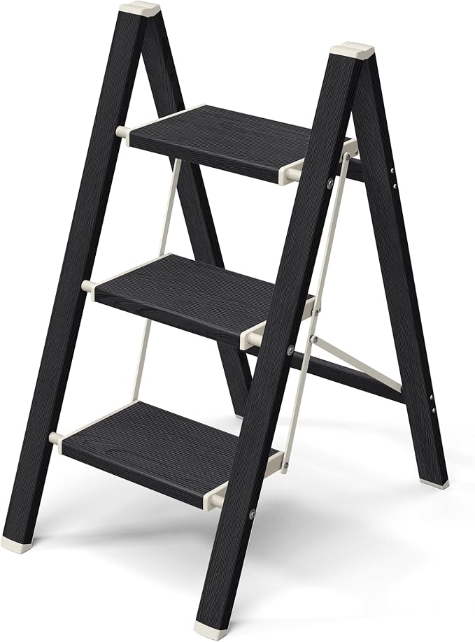 Mayi Plus 3 Step Stool Foldable, Aluminum, Lightweight Step Ladder | Extra-wide anti-slip folding steps with 330 lbs, for home,kitchen,office,outdoor,Ebony woodgrain by MAYIPLUS