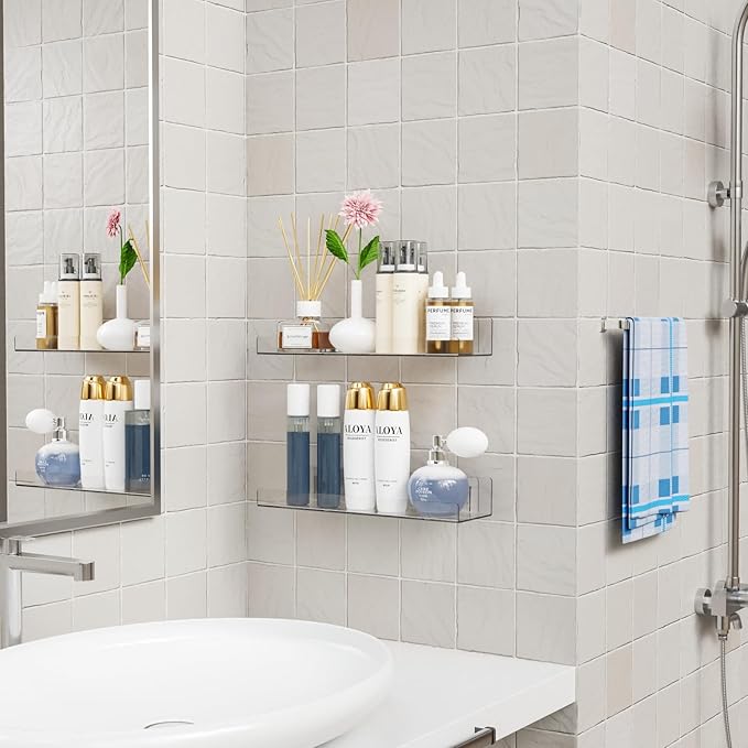 6 Pack Acrylic Shelves for Wall Storage- No Drilling Adhesive Shelves - Clear Stick On Bathroom Wall Shelf Organizers,Plastic Floating Shelves for Perfume,Funko,Lego,Skincare,Bookshelf for Kids - Image 2