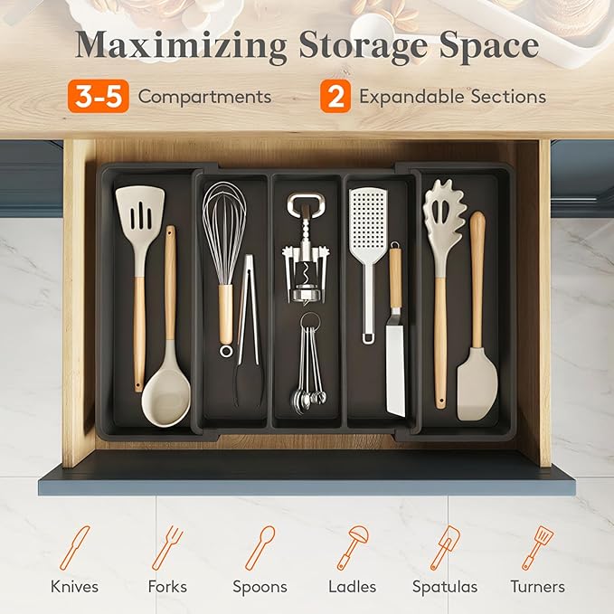 Lifewit Utensil Organizer for Kitchen Drawers, Expandable Utensil Tray | Adjustable Cooking Cutlery Silverware Flatware Holder, Plastic Spatula Tools Storage Divider, 11.5- 20 x 14.5", Black - Image 3